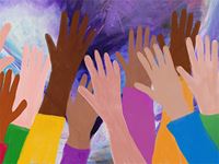Movement Toward a Just Future - Hands raised by a diverse set of people