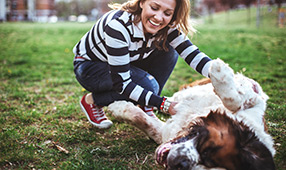 Woman Laughing and Enjoying Playing with Dog in Park