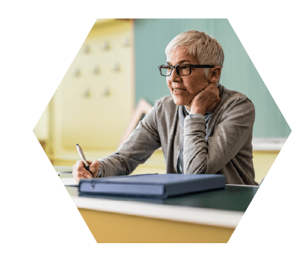 Female teacher sitting at the front of class