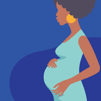 Illustration of pregnant woman in profile with her hands embracing her baby belly