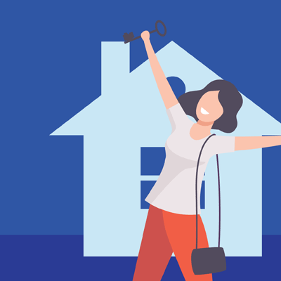 Illustration of smiling woman holding a key in the air in front of her new home