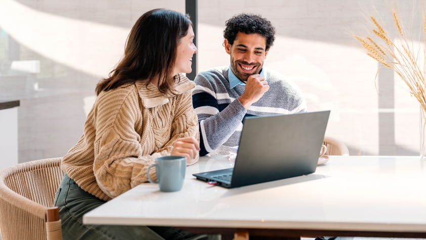 Young couple confidently accounting their finances at home on a laptop computer