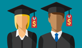 Illustration of two graduates with price tags hanging from their graduation caps
