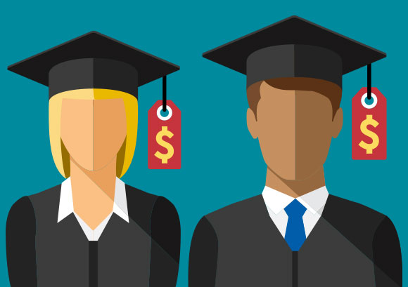 Illustration of two graduates with price tags hanging from their graduation caps