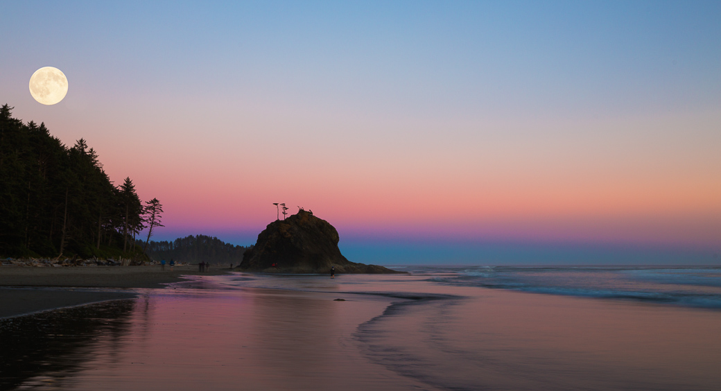 The moon over the ocean at sunset, Second Beach outside of La Push, Washington State