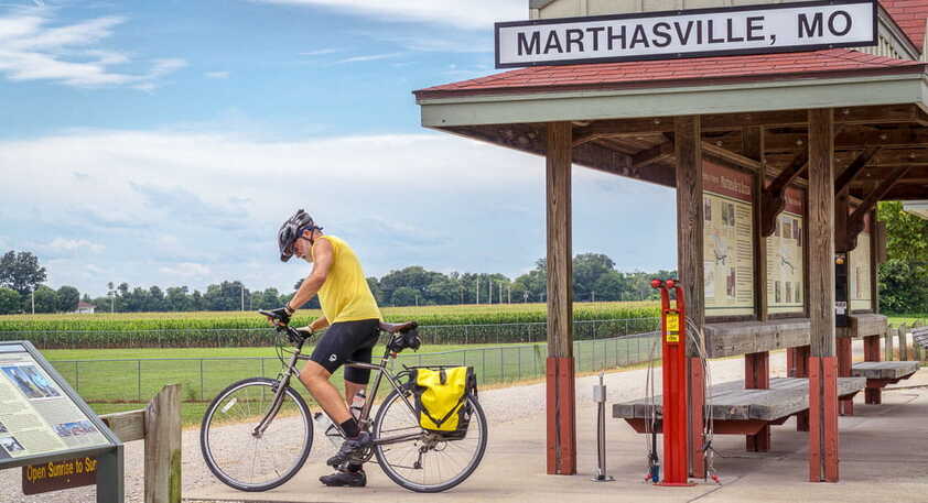 Man on his bike getting ready to ride in Katy Trail State Park in Missouri
