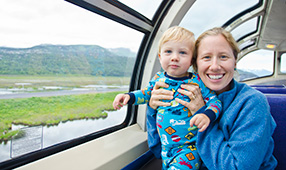 Mother and toddler son riding on a train