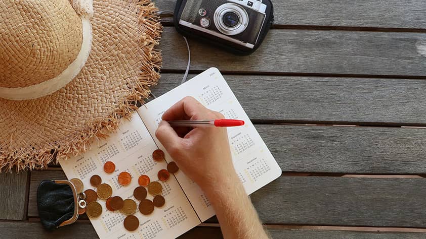 Overhead shot of a camera, straw hat and a man's hand marking dates in a calendar on a wooden table
