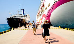 Two cruise ships moored at a harbor