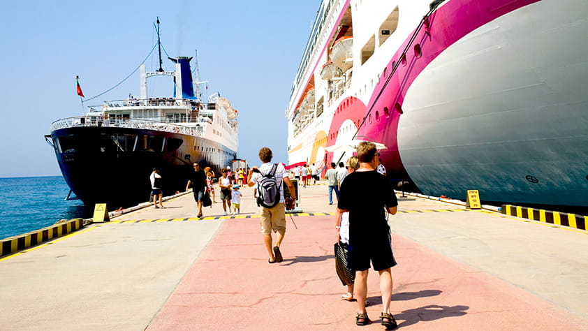 Two cruise ships moored at a harbor