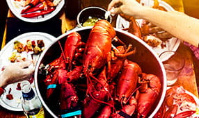 Close-up of lobsters in a pot on a picnic table