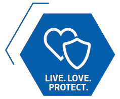 LIVE. LOVE. PROTECT. - blue hexagon graphic with heart and shield