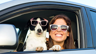 Smiling Woman and Her Dog Both Wearing Sunglasses and Looking Out Car Window