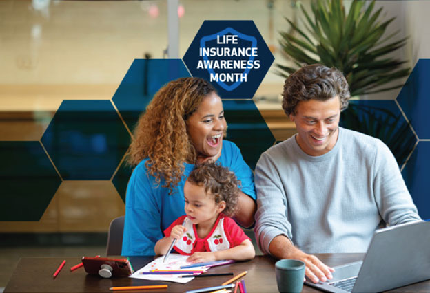 Life Insurance Awareness Month - Happy parents sitting with child while looking at affordable life insurance options online