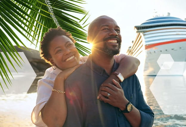 Member Benefits Annual Giveaway - Image of happy couple by the ocean with a cruise ship in the background