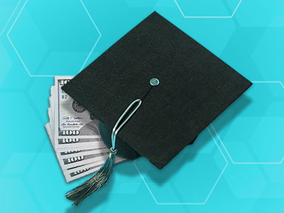 NEA Member Benefits - Scholarship Giveaway: Graphic showing graduation cap on top of money