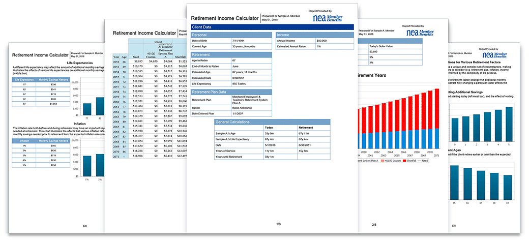 NEA Retirement Income Calculator showing customizes income projection charts, graphs and information