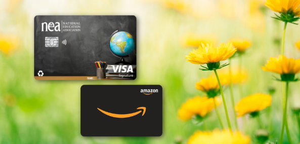 NEA Customized Cash Rewards Credit Card and Amazon Gift Card with springtime flowers in background
